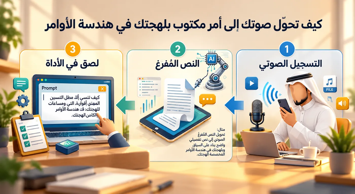 مخطط من ثلاث خطوات لتحويل التسجيل الصوتي إلى أمر مكتوب في هندسة الأوامر