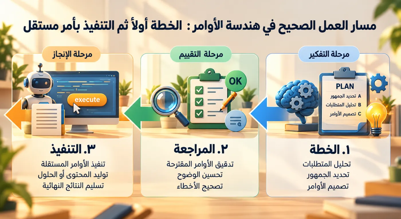 مخطط من ثلاث خطوات لفصل التخطيط عن التنفيذ في هندسة الأوامر: الخطة ثم المراجعة ثم التنفيذ