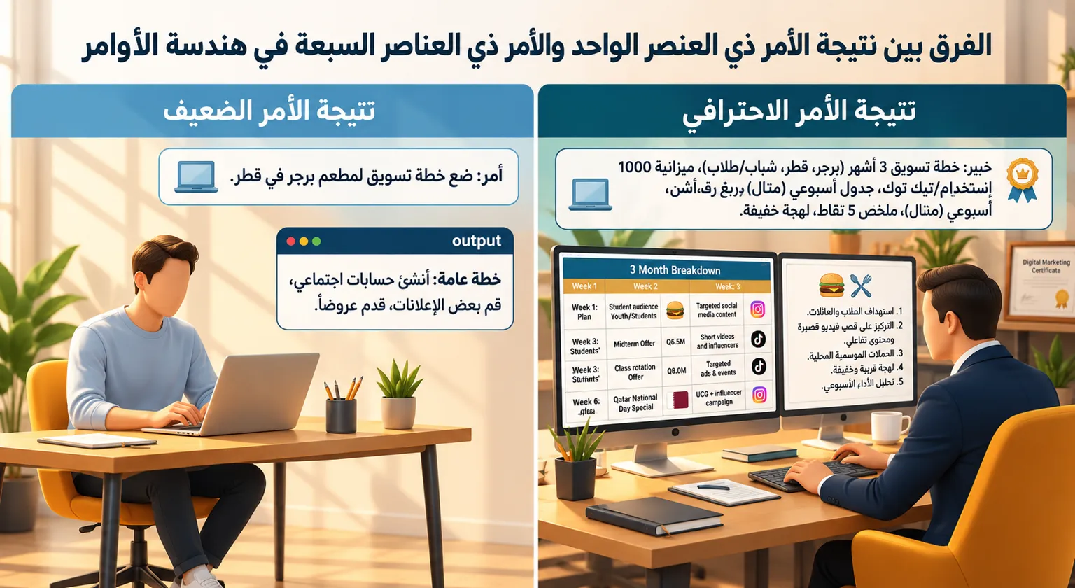 مقارنة بين نتيجة أمر ضعيف ونتيجة أمر احترافي لخطة تسويق مطعم برجر في هندسة الأوامر