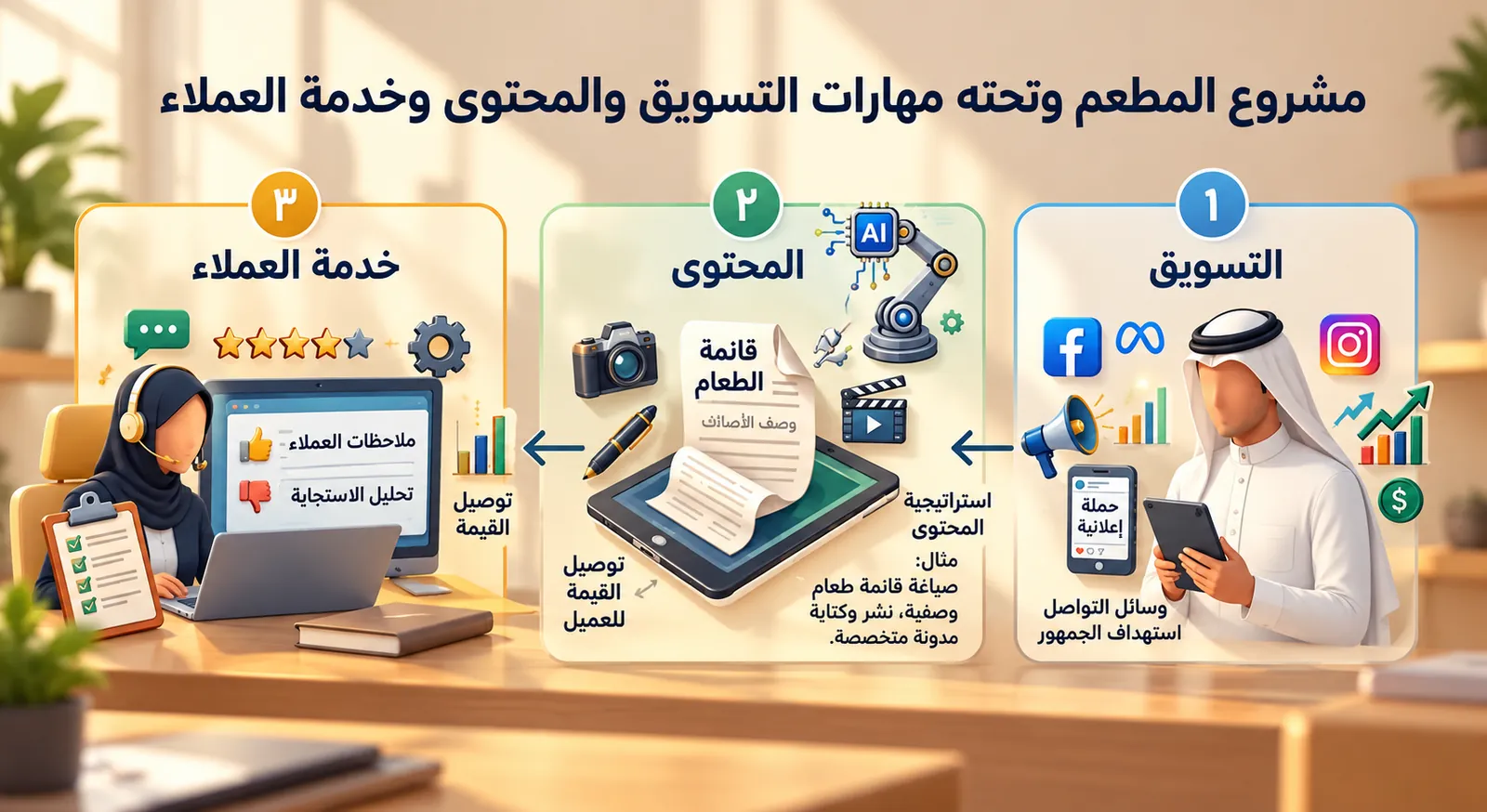 مخطط يوضح مشروع المطعم وتحته ثلاث مهارات: التسويق والمحتوى وخدمة العملاء