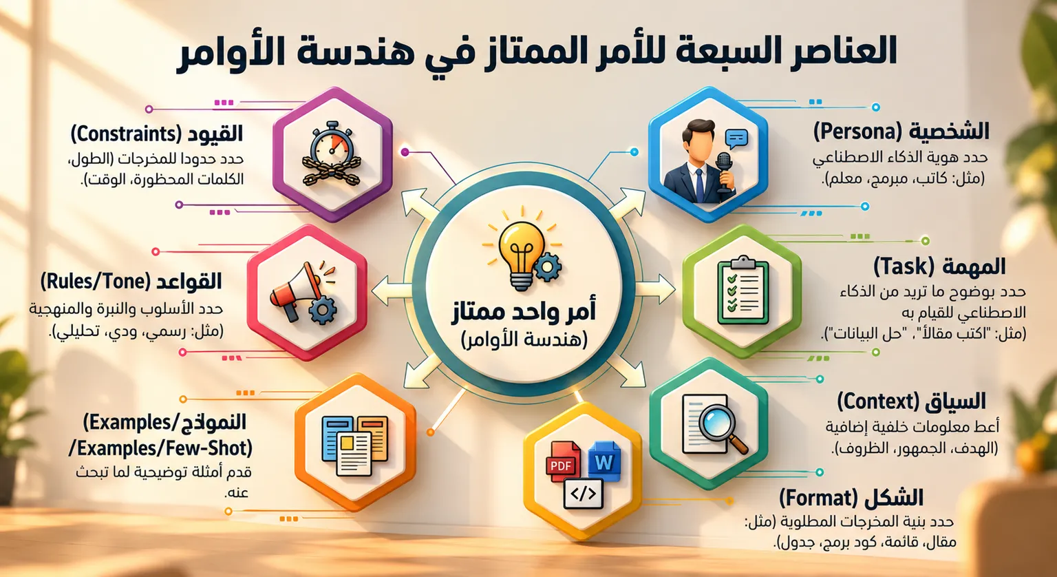 مخطط العناصر السبعة في هندسة الأوامر: الشخصية والمهمة والسياق والشكل والنموذج والقواعد والقيود